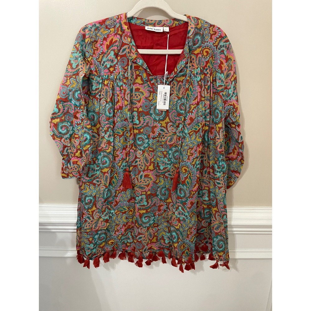 Roller Rabbit Rodez Serafina Tunic Tassel Cotton Size L Paisley Fall Colors